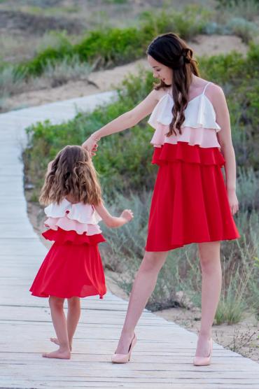 MAMMA e FIGLIA - Abito / vestito in georgette di seta in tre colori - ecru, rosa chiaro e rosso *Poppy*